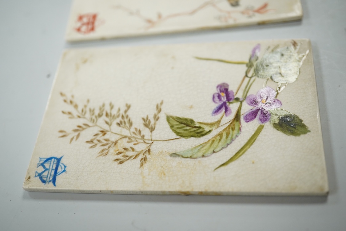 Set of seven late 19th century miniature floral painted pottery plaques, each monogramed 8.5cm high, possibly for place settings